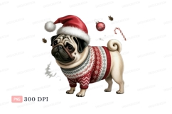 Pug wearing festive sweater and Santa hat christmas Product Image 1