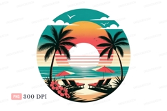Tropical sunset beach chairs umbrellas ocean palm Product Image 1