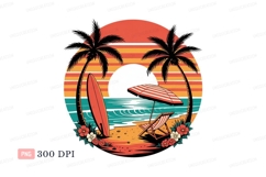 Tropical beach sunset scene with surfboard and chair Product Image 1