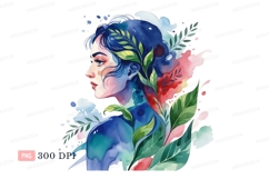 Woman profile watercolor foliage blue Product Image 1