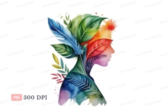 Woman profile adorned with colorful foliage and feathers Product Image 1