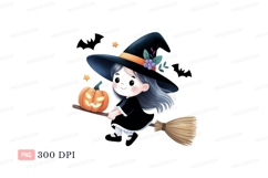 Cute witch flying with pumpkin halloween broom Product Image 1