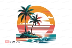 Tropical island sunset palm trees ocean waves image Product Image 1