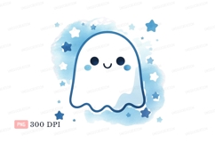 Happy ghost surrounded by stars blue cute Product Image 1