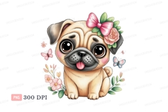 Cute pug with pink bow and flowers puppy adorable Product Image 1