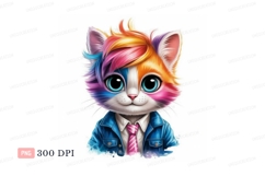 Colorful cat wearing denim jacket and tie image Product Image 1