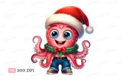 Cheerful octopus wearing Christmas hat and wreath image Product Image 1