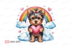Adorable yorkie puppy holding pink heart rainbow clouds Product Image 1