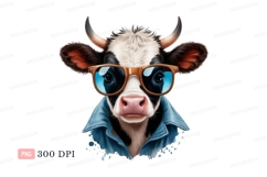 Black white cow wearing sunglasses and denim jacket Product Image 1