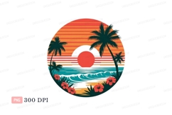 Tropical sunset ocean waves palm trees hibiscus image Product Image 1