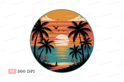 Tropical sunset ocean palms sailboat birds Product Image 1