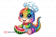 Rainbow chef dinosaur with watermelon cute Product Image 1