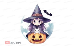 Cute witch girl with cat and pumpkin halloween Product Image 1