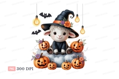 Cute witch lamb with pumpkins halloween Product Image 1