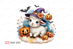 Cute lamb wearing witch hat with pumpkins halloween Product Image 1