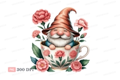 Cheerful gnome in teacup with flowers pink green Product Image 1