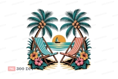 Tropical beach chairs sunset sailboat palm trees Product Image 1