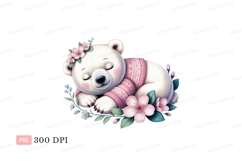 Sleeping polar bear wearing pink sweater adorned with flower Product Image 1