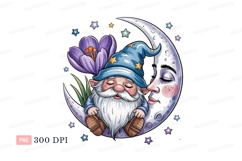 Sleeping gnome rests on crescent moon with flower stars Product Image 1