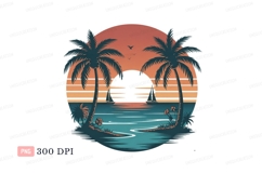 Tropical sunset ocean sailboats palm trees Product Image 1