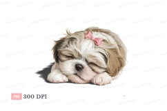 Fluffy puppy sleeping with pink bow image Product Image 1