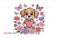 Adorable puppy holding heart surrounded by flowers and butte Product Image 1