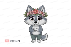 Cartoon wolf wearing flower crown animal Product Image 1
