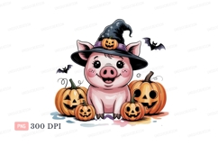 Piggy wearing witch hat with pumpkins halloween Product Image 1