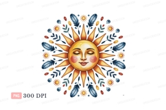 Celestial sun face with floral adornments feathers Product Image 1