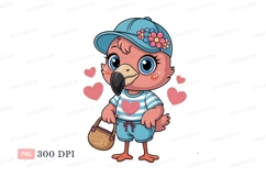 Cute flamingo wearing cap and holding basket bird cartoon Product Image 1