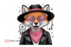 Orange fox wearing hat glasses jacket bandana white Product Image 1