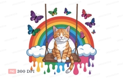 Orange cat on swing with butterflies and rainbow kitten Product Image 1