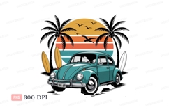 Teal vintage car palm trees sunset beetle surfboards Product Image 1