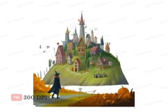 Whimsical village with witch and pumpkins houses autumn Product Image 1