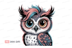 Whimsical owl with colorful plumage and large eyes Product Image 1