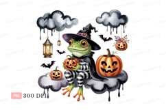 Witch frog holding pumpkin clipart P N G halloween Product Image 1