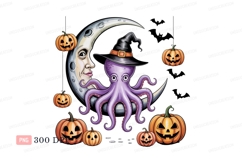 Purple octopus witch on moon with pumpkins crescent Product Image 1