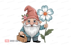 Cheerful gnome holding flower and basket cartoon fantasy Product Image 1