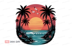 Tropical sunset ocean surf palms waves Product Image 1