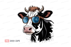 Black white cow wearing blue sunglasses brown Product Image 1