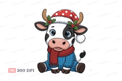 Cute cow wearing Christmas hat and scarf holly Product Image 1