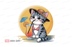 Gray tabby cat with straw hat and bikini image Product Image 1