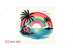 Tropical paradise rainbow sunset with palm trees and hibiscu Product Image 1