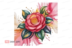 Vibrant pink camellia bloom with green leaves yellow Product Image 1