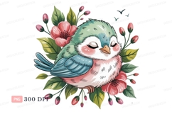 Sleeping bird surrounded by flowers pink green Product Image 1