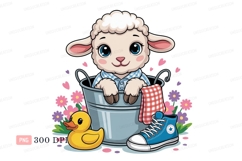 Cute sheep in bucket with duck and shoe blue Product Image 1