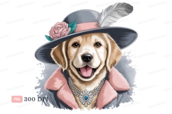 Golden dog wearing hat and jewelry retriever feather Product Image 1
