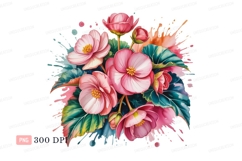 Pink begonia flowers watercolor splash green leaves Product Image 1