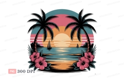 Tropical sunset ocean view with palm trees and hibiscus Product Image 1