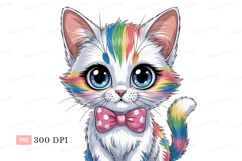 Fluffy kitten with rainbow colors and pink bow colorful Product Image 1